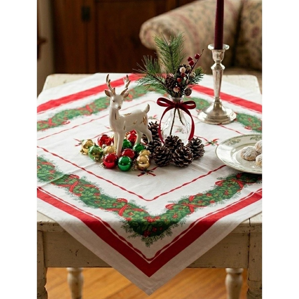 Vintage Christmas Tablecloth Pine Garland Wreath Ribbon Cotton Blend 32" x 50"